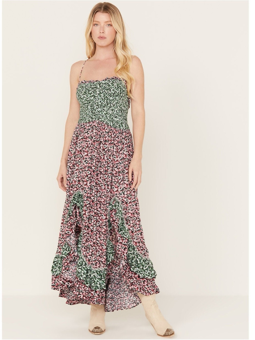 Free People Green and Pink Floral Smocked Midi Dress